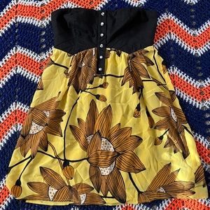 Strapless yellow and black floral Mini dress size 10
